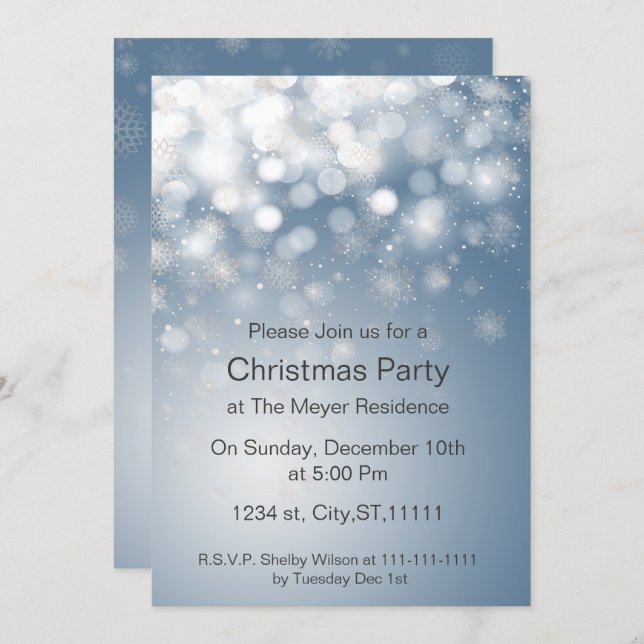 winter snowflake blue Holiday party Invitation (Front/Back)