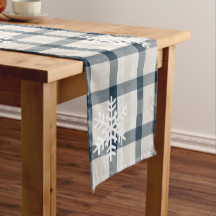 Winter Snowflake Blue Plaid Christmas Holiday Short Table Runner