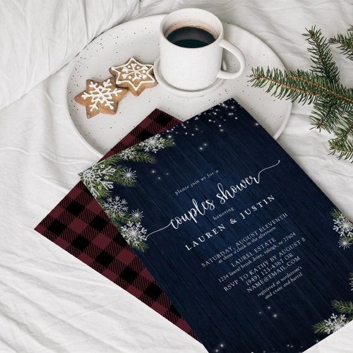 Winter Snowflake Blue Plaid Couples Bridal Shower Invitation