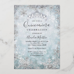 Winter Snowflake Blue Silver Quinceanera Foil Invitation