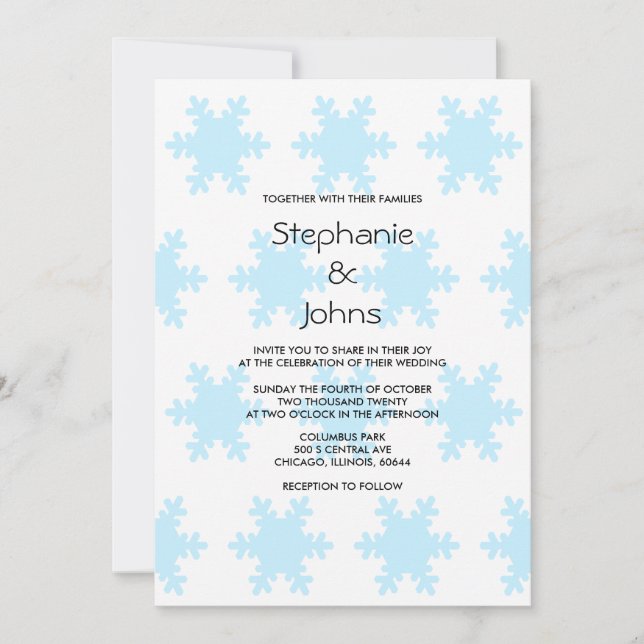 Winter Snowflake Blue White Trendy Elegant Wedding Invitation (Front)