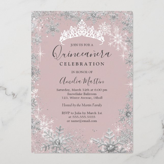 Winter Snowflake Blush Silver Quinceanera Foil Invitation (Front)