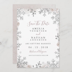 Winter Snowflake Blush Wedding Save The Date Invitation