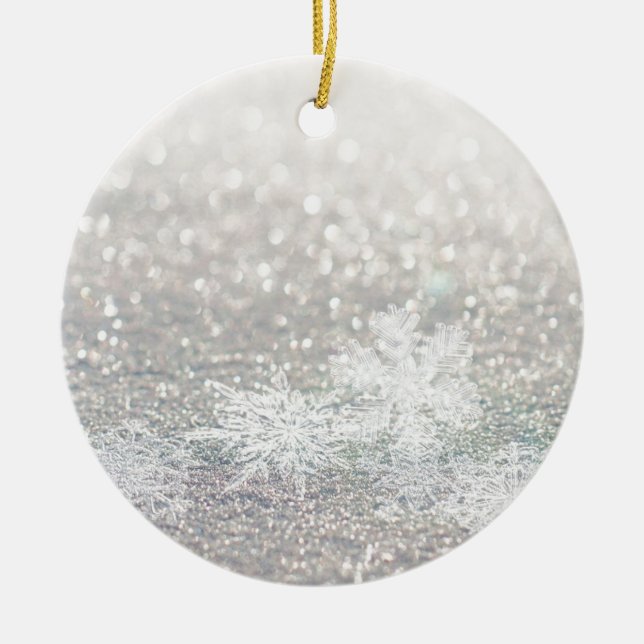 Winter Snowflake Bokeh Bling Ceramic Ornament (Front)