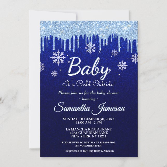 Winter Snowflake Boy Blue Baby Shower Glitter Drip Invitation (Front)