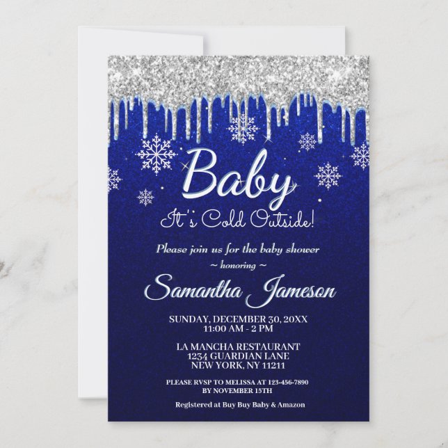 Winter Snowflake Boy Blue Silver Baby Shower Invitation (Front)