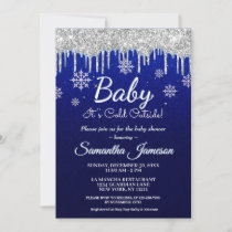 Winter Snowflake Boy Blue Silver Baby Shower Invitation