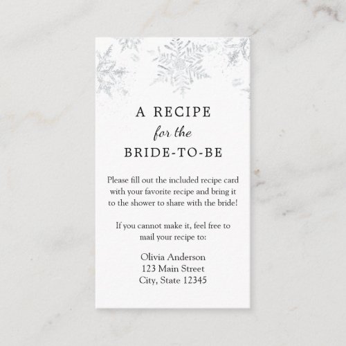 Winter Snowflake Bridal Recipe Request  Enclosure Card