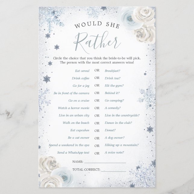 Winter Snowflake Bridal Shower Would She Rather (Front)