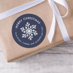 Winter Snowflake Christmas Gift Tag Round Stickers<br><div class="desc">Affordable custom printed Merry Christmas round gift tag stickers personalized with your text. This simple modern holiday design features a white snowflake on a navy blue background. Use the design tools to choose any background color, edit text fonts and colors or upload your own photos to design your own unique...</div>
