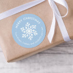 Winter Snowflake Christmas Gift Tag Round Stickers<br><div class="desc">Affordable custom printed Merry Christmas round gift tag stickers personalized with your text. This simple modern holiday design features a white snowflake on a light blue background. Use the design tools to choose any background color, edit text fonts and colors or upload your own photos to design your own unique...</div>