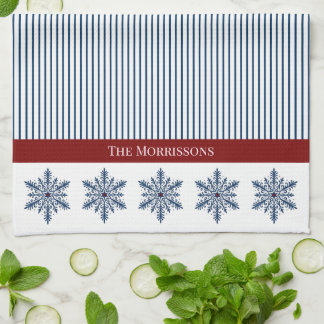 Winter Snowflake Decor with Stripes and Red Accent Kitchen Towel