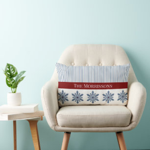 Winter Snowflake Decor with Stripes and Red Accent Lumbar Pillow