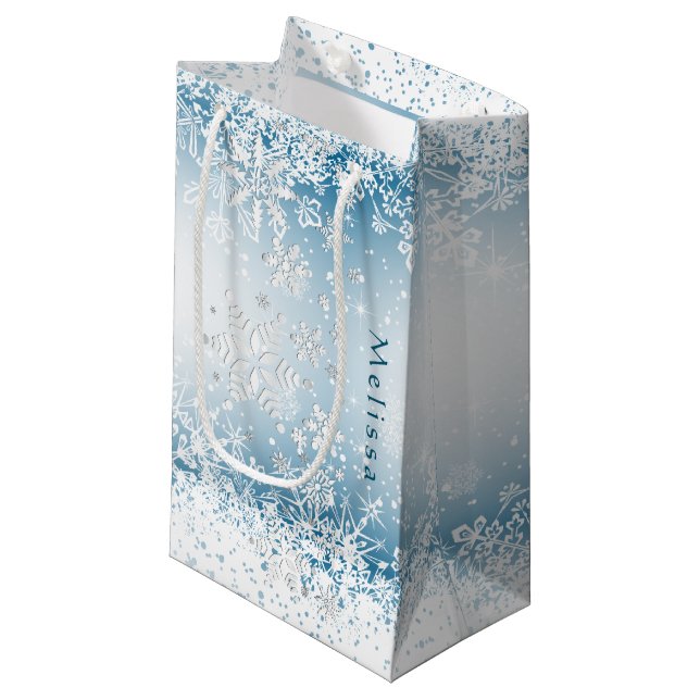 Winter Snowflake Design - Personalize Small Gift Bag (Front Angled)