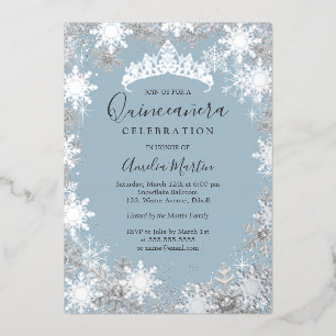 Winter Snowflake Dusty Blue Silver Quinceanera Foil Invitation