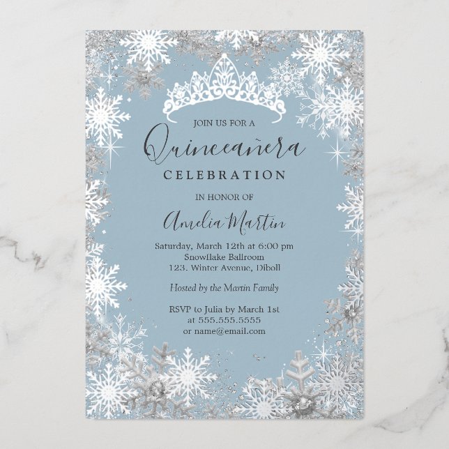 Winter Snowflake Dusty Blue Silver Quinceanera Foil Invitation (Front)