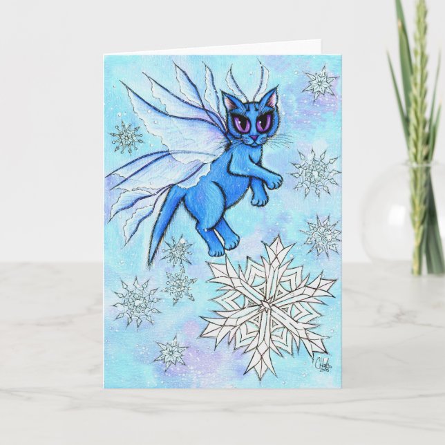 Winter Snowflake Fairy Cat Fantasy Art Card (Front)