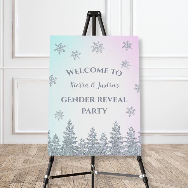 Winter Snowflake Gender Reveal Party Welcome Foam Board (winter gender reveal party welcome sign silver glitter snowflake baby blue and pink)