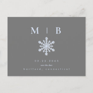 Winter Snowflake Grey/Ice Blue Monogram Save Date Announcement Postcard