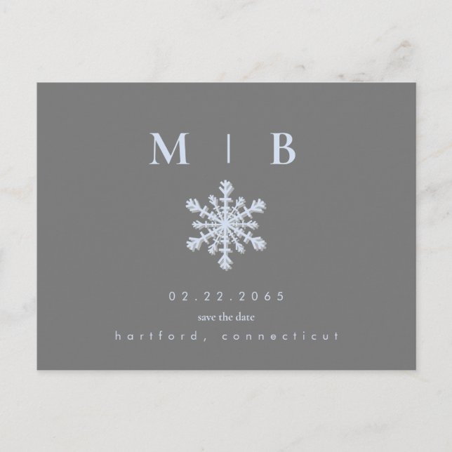 Winter Snowflake Grey/Ice Blue Monogram Save Date Announcement Postcard (Front)
