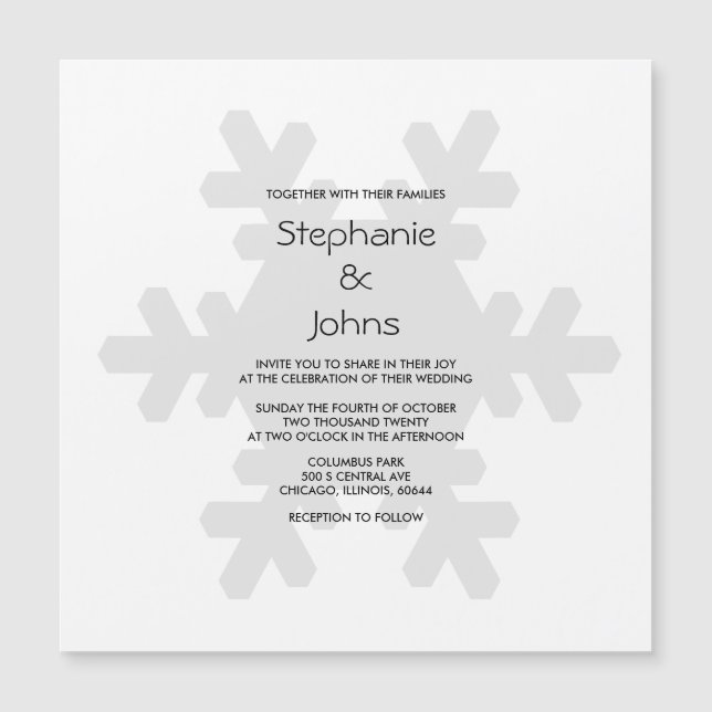 Winter Snowflake Grey White Gray Elegant Wedding Magnetic Invitation (Front)