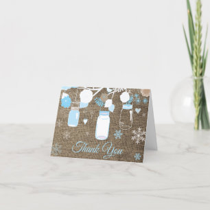 Winter Snowflake Mason Jar Blue Burlap Letterpress Thank You Card