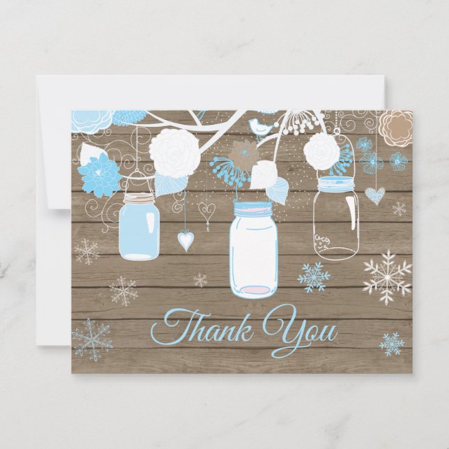Winter Snowflake Mason Jar Blue Thank You Card (Front)
