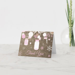 Winter Snowflake Mason Jar Pink Burlap Letterpress Thank You Card