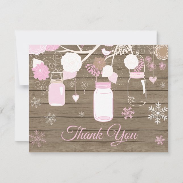 Winter Snowflake Mason Jar Pink Thank You Card (Front)