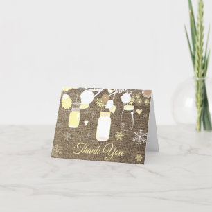 Winter Snowflake Mason Jar Yellow Burlap Letterpress Thank You Card