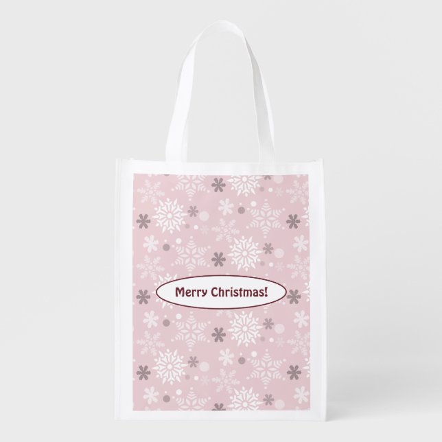 Winter Snowflake Merry Christmas! Pale Pink Grocery Bag (Front)