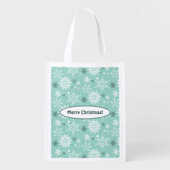 Winter Snowflake Merry Christmas! Turquoise-Blue Grocery Bag (Front)