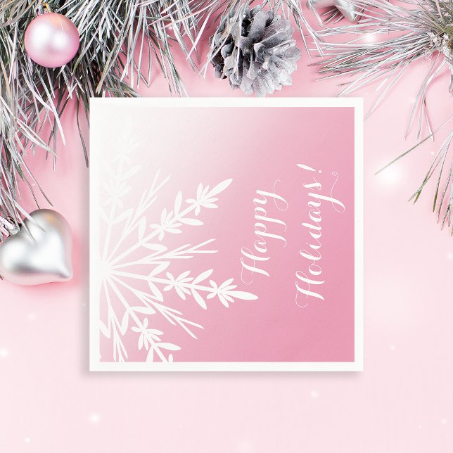 Winter Snowflake on Pink Happy Holidays Christmas Paper Napkins (Creator Uploaded)