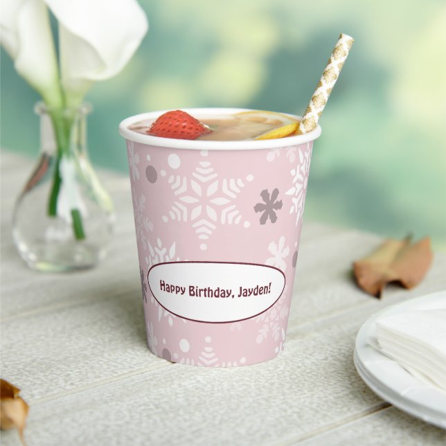 Winter Snowflake Pale-Pink Happy Birthday Paper Cups (Insitu)