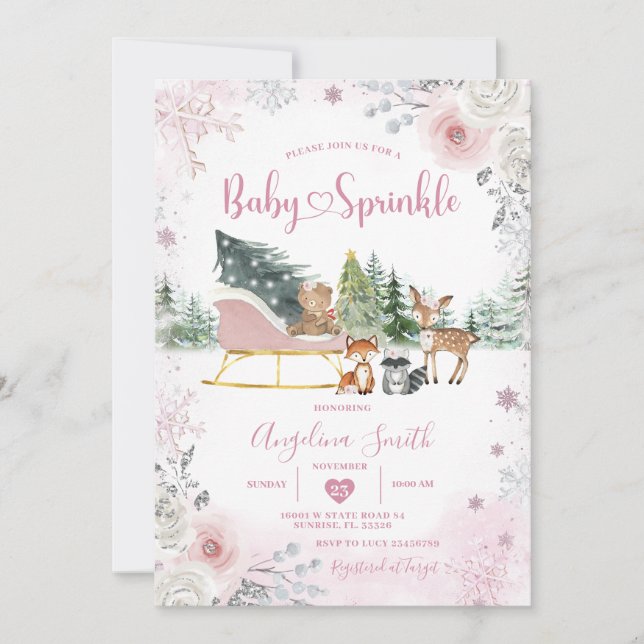 Winter Snowflake Pastel Pink Sleigh Baby Sprinkle Invitation (Front)