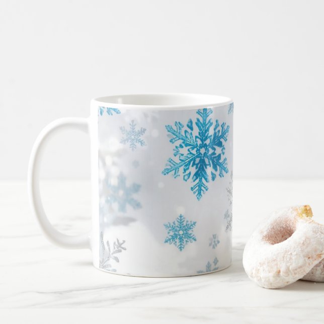 Winter Snowflake Pattern Blue and White Coffee Mug (With Donut)