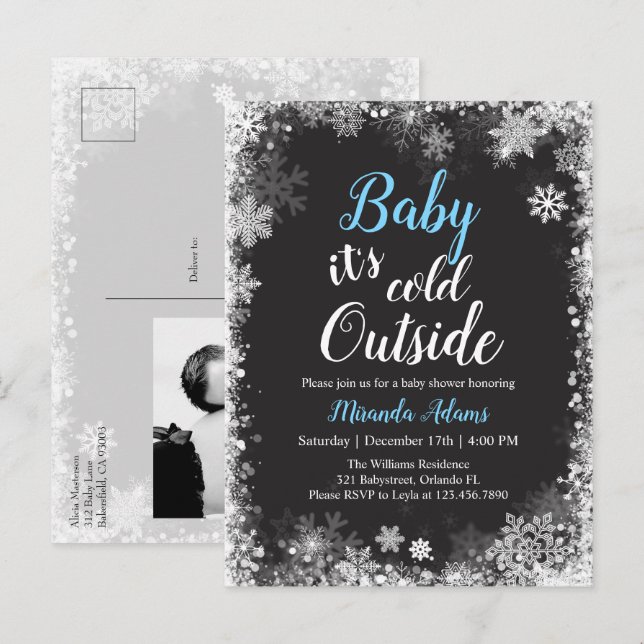 Winter Snowflake Photo Boy Baby Shower Invitation Postcard (Front/Back)