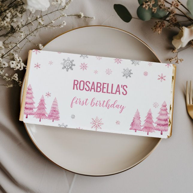 Winter Snowflake Pink 1st Birthday  Hershey Bar Favors (Creator Uploaded)