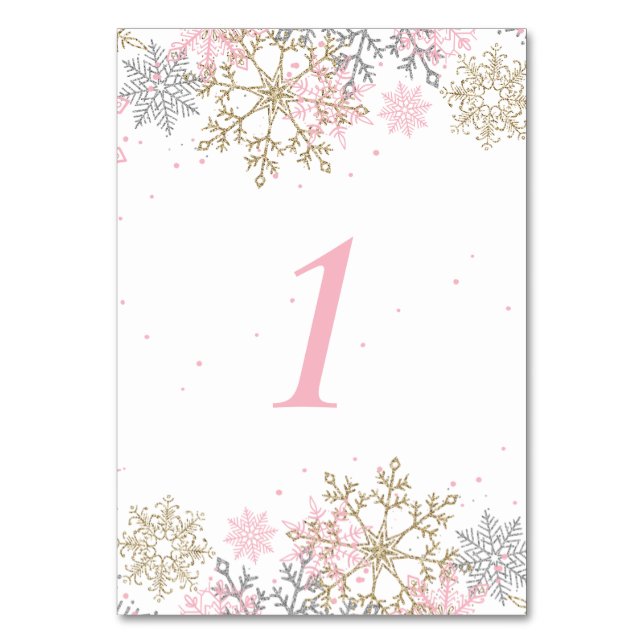 Winter Snowflake Pink and Gold Baby Shower Table Number (Front)