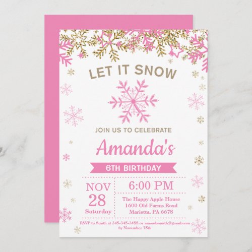 Winter Snowflake Pink and Gold Girl Birthday Invitation