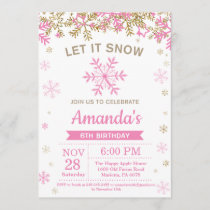 Winter Snowflake Pink and Gold Girl Birthday Invitation
