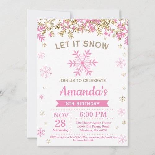 Winter Snowflake Pink and Gold Girl Birthday Invitation