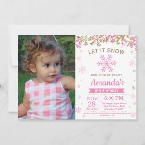 Winter Snowflake Pink and Gold Girl Birthday Photo Invitation