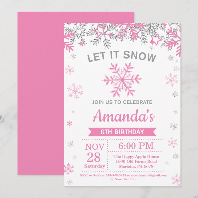 Winter Snowflake Pink and Silver Girl Birthday Invitation (Front/Back)