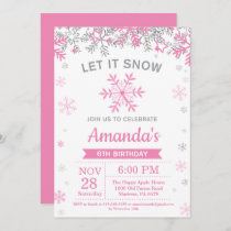Winter Snowflake Pink and Silver Girl Birthday Invitation
