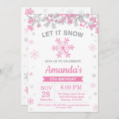 Winter Snowflake Pink and Silver Girl Birthday Invitation (Front/Back)