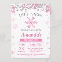 Winter Snowflake Pink and Silver Girl Birthday Invitation