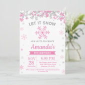 Winter Snowflake Pink and Silver Girl Birthday Invitation (Standing Front)