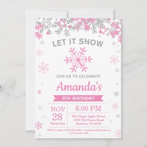 Winter Snowflake Pink and Silver Girl Birthday Invitation