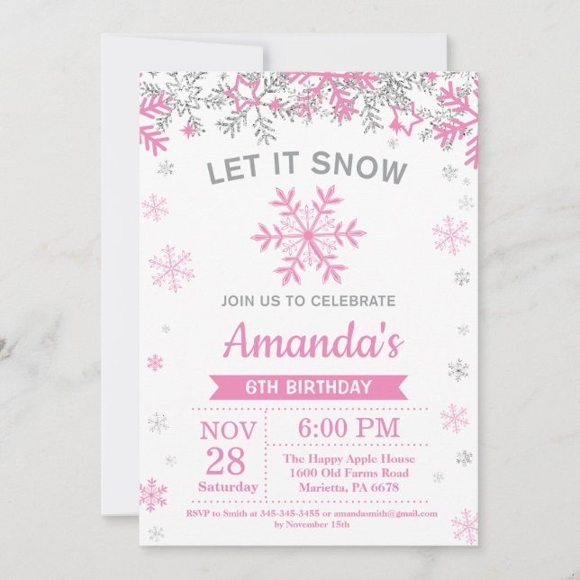 Winter Snowflake Pink and Silver Girl Birthday Invitation (Front)